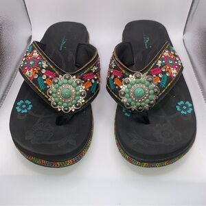 Montana West Embroidered Turquoise Beaded Concho Wedge Sandals 9 Western